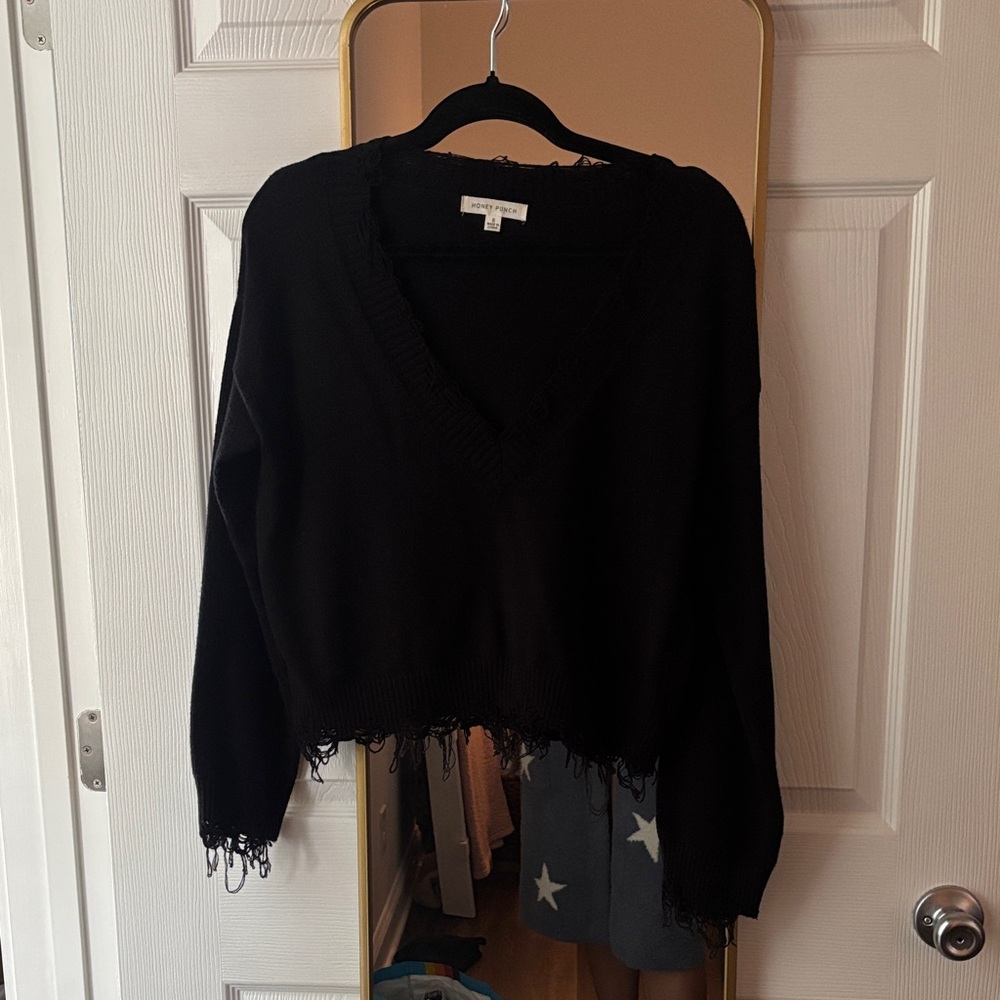 Honey Punch Black V-Neck Sweater with Frayed Hem
